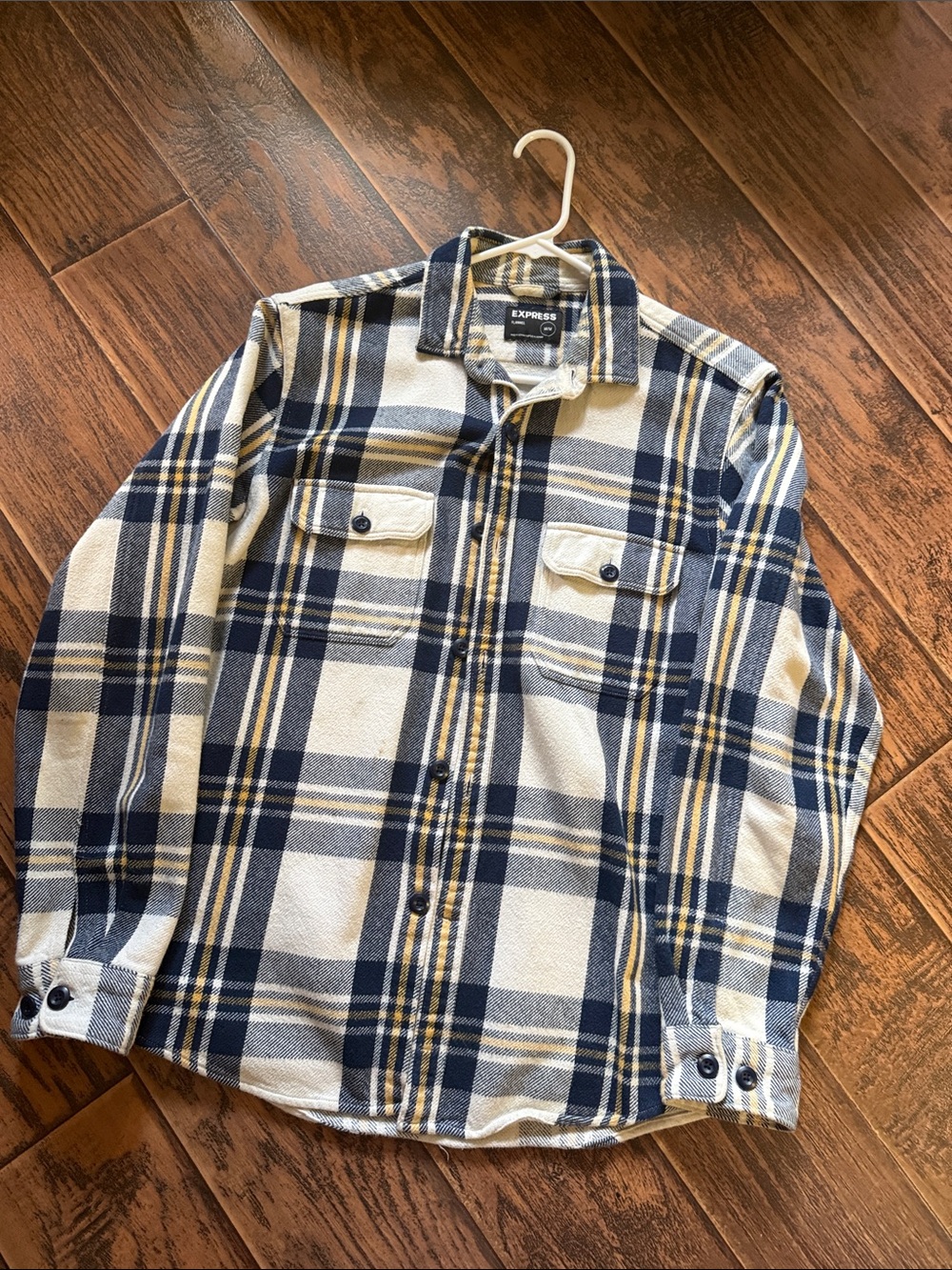 Express Plaid Button-Up Shirt in Navy, Cream & Yellow